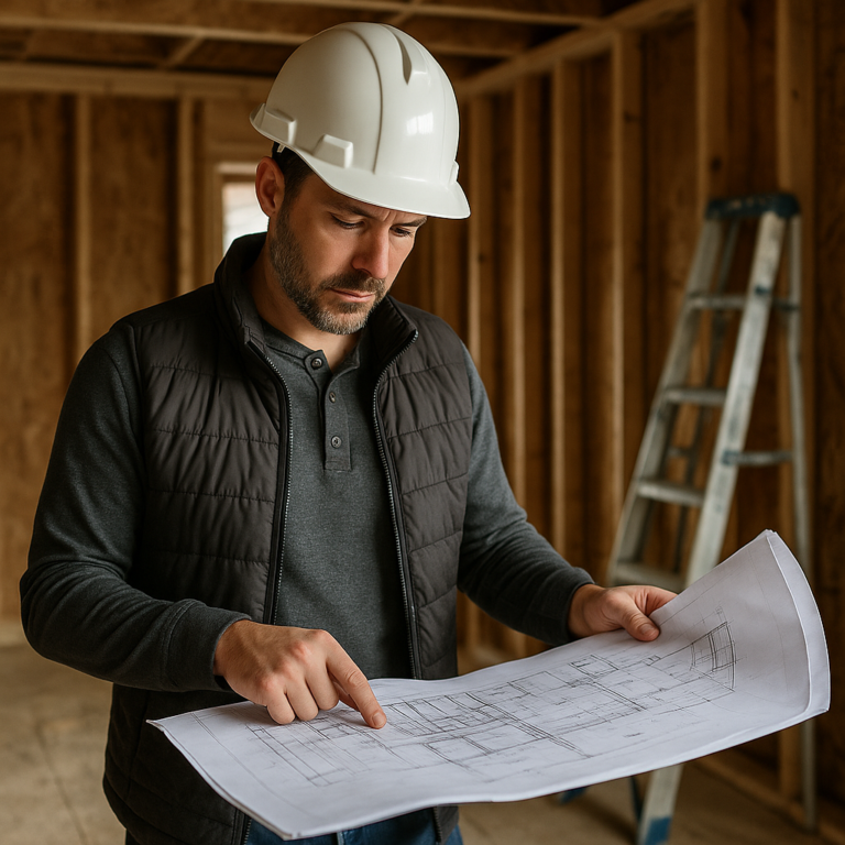 A behind-the-scenes photo of a SpecLand team member reviewing blueprints or project plans on-site